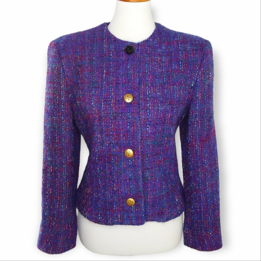 Vintage Anthony Michael 100% Wool Tweed Blazer Size 8 Purple Multi Shoulder Pads